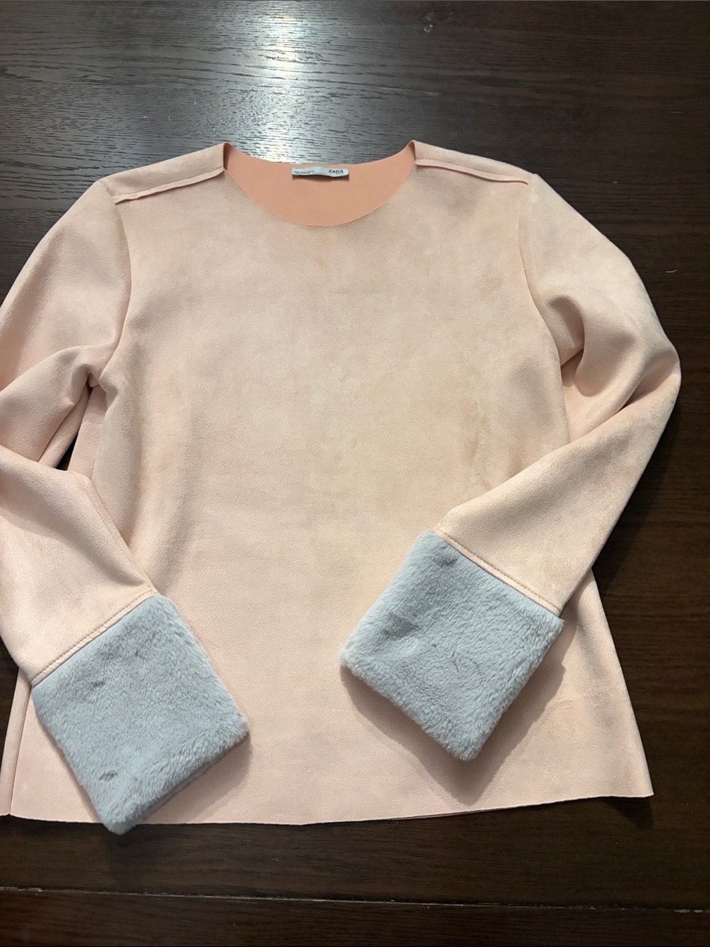 Zara Pale Pink Crewneck Sweater with Light Gray Faux Fur Cuffs